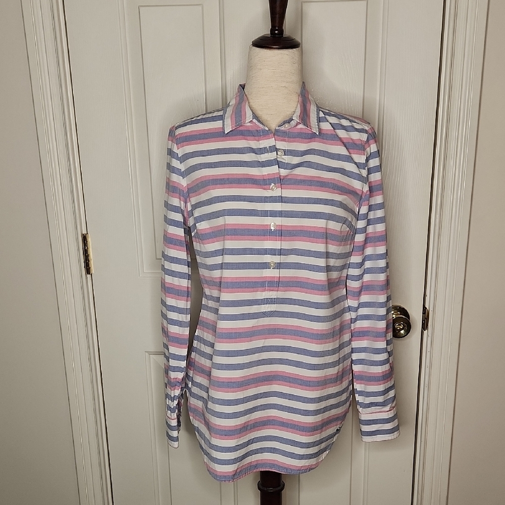 Vineyard Vines 1/2-Button Popover Shirt Blue White Pink Stripe Size 6